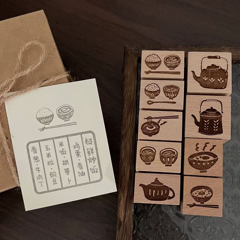 Vintage Collectible Stamps - ختم خشبي بتصميم إبريق شاي ووعاء