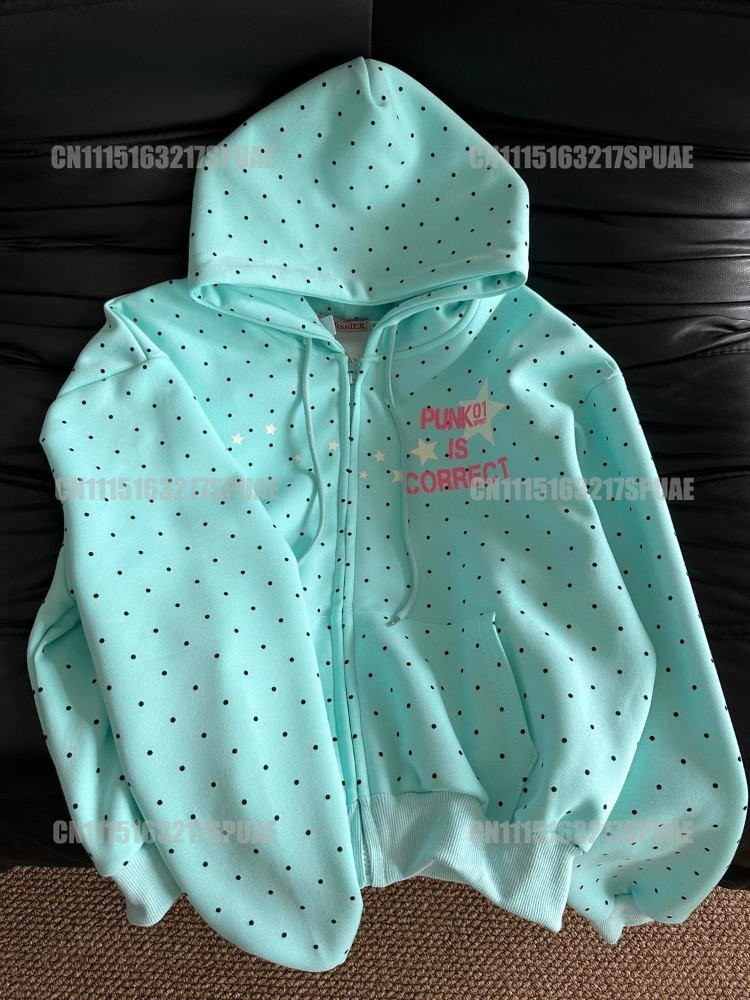 Vintage Zip Hoodie - سترة نسائية فضفاضة بطبعة نجوم ونقاط