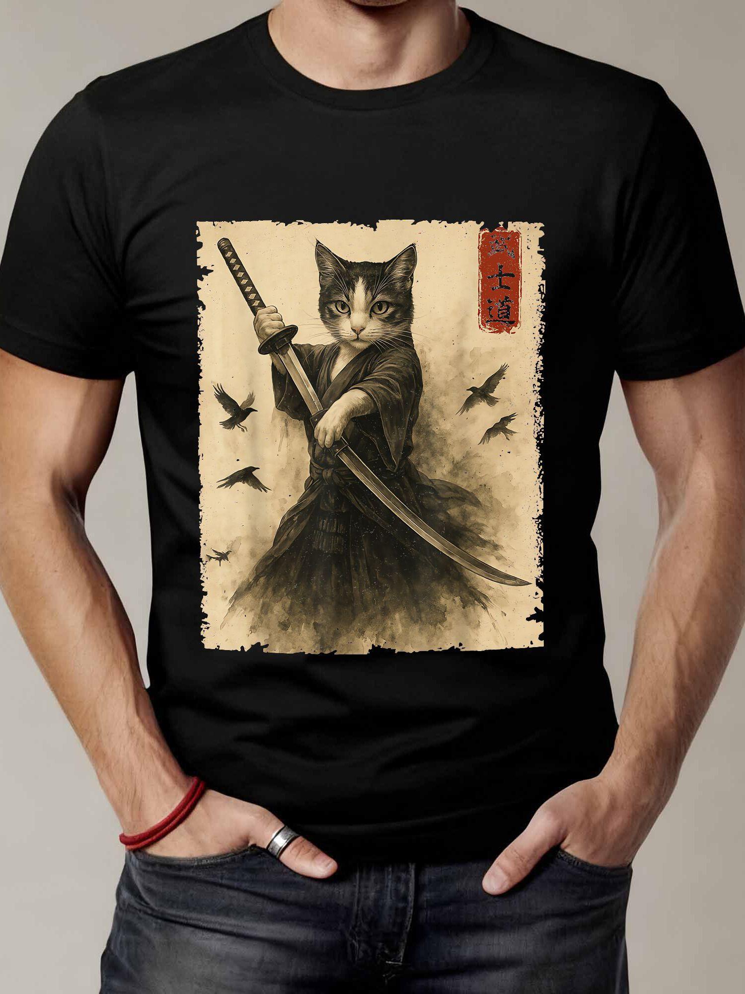 Collectible Vintage T Shirts - تي شيرت بتصميم قطة الساموراي العتيق،