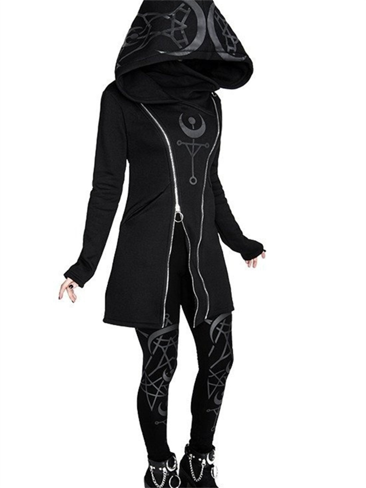 Vintage Zip Hoodie - القوطية الشرير طباعة بأكمام طويلة سترة