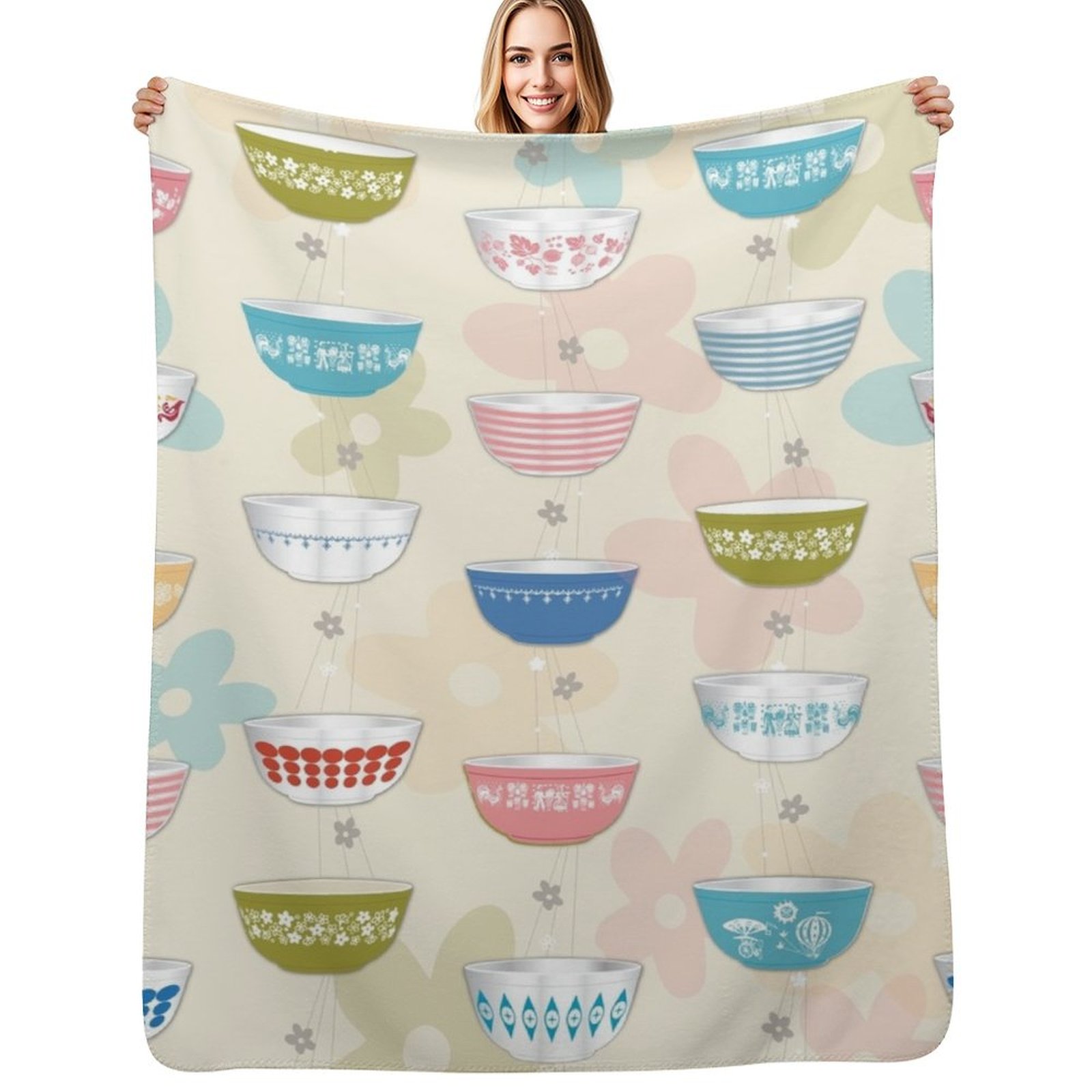 Vintage Collectible Pyrex - بطانية ناعمة ومريحة بتصميم مجموعة أوعية