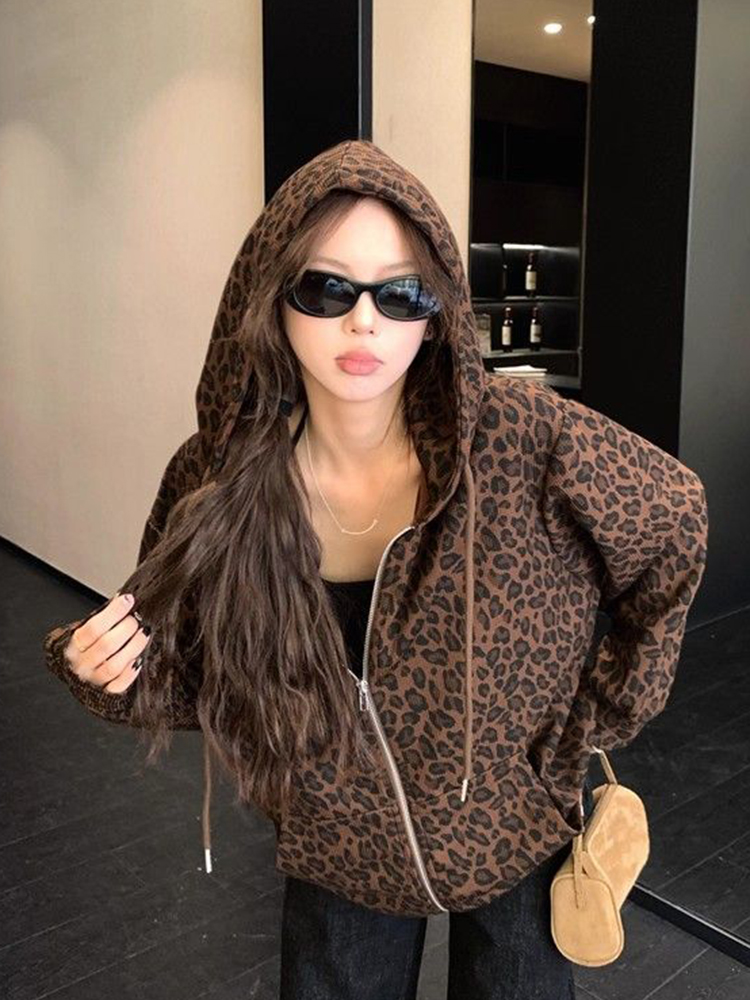 Vintage Zip Hoodie - المرأة Y2K ليوبارد هوديس الشارع الشهير